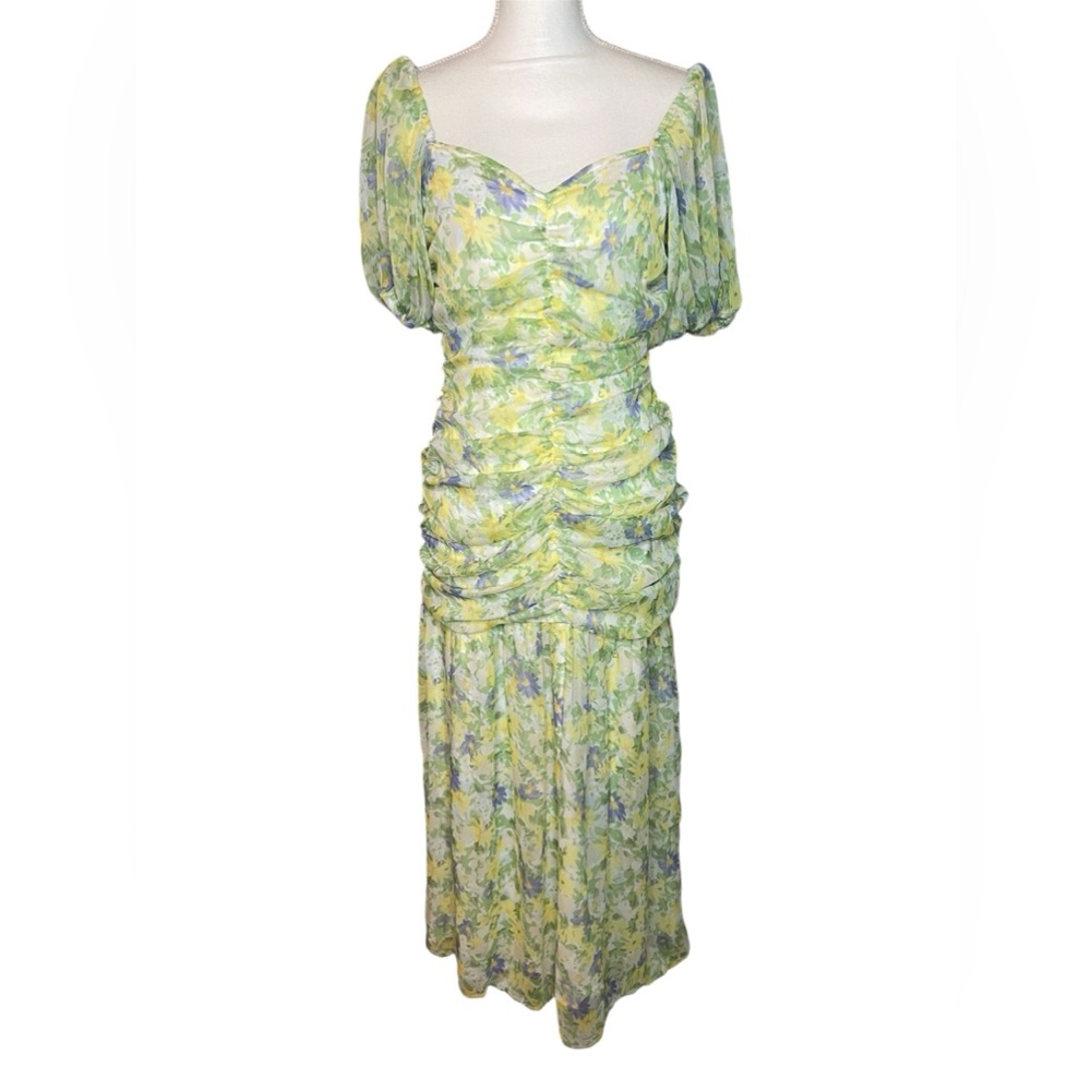 ASOS ruched puff sleeve maxi dress white base yellow blue floral print - Picture 4 of 15
